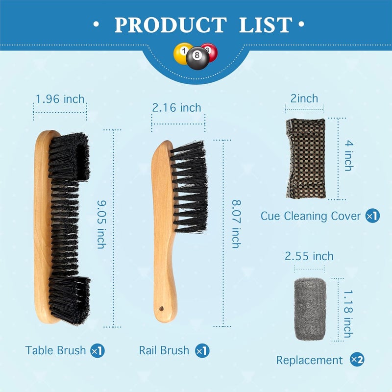 LAKINGO Pool Table Brush Set for Felt, 5 Kit Billiard Table and Rail Cleaning Accessories with 2 Wood Brush, 2 Ferrule Polish Cloths, Cue Shaft Cleaner Cloth - Image 2